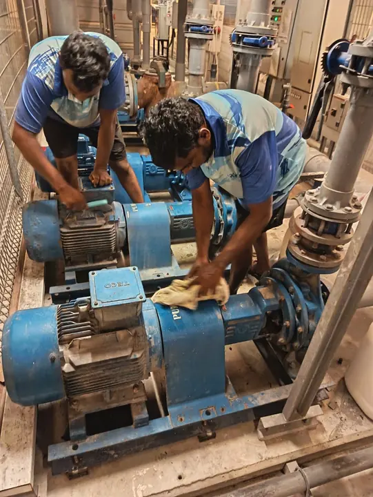 Technicians working on two pool pump motors
