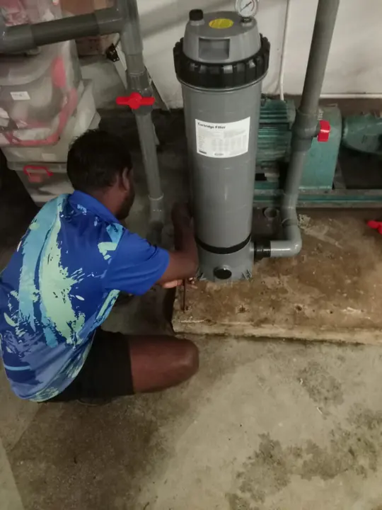 Technician servicing a cartridge filter beside pool equipment